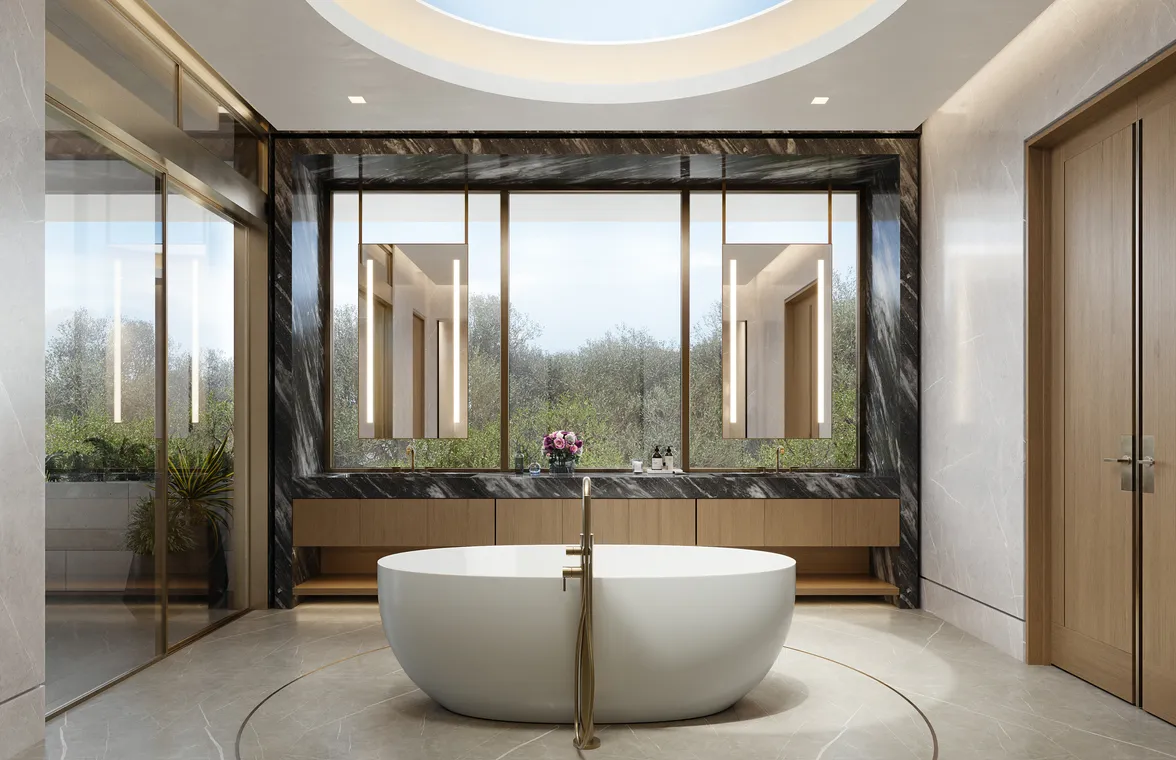 Luxury single family home rendering of a modern bathroom featuring a freestanding tub, marble finishes, and a circular skylight.